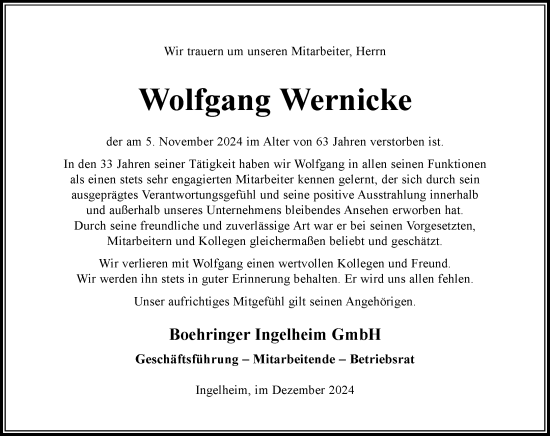 Traueranzeige von Wolfgang Wernicke von Allgemeine Zeitung Rheinhessen-Nahe