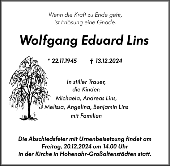 Traueranzeige von Wolfgang Eduard Lins von Wetzlarer Neue Zeitung