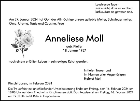 Traueranzeige von Anneliese Moll von Starkenburger Echo