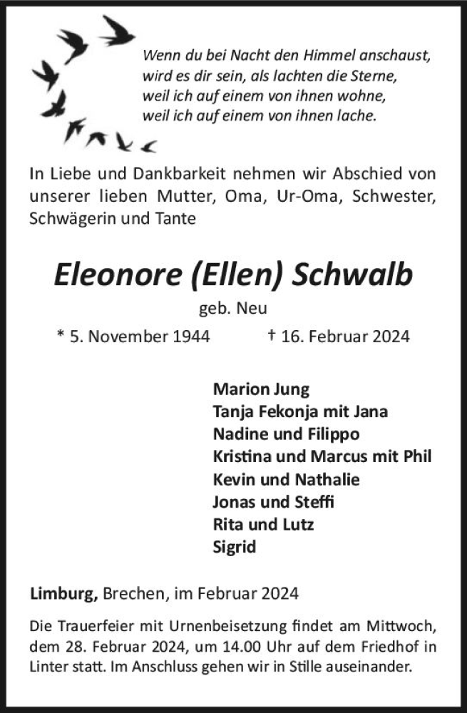  Traueranzeige für Eleonore Schwalb vom 27.02.2024 aus Nassauische Neue Presse