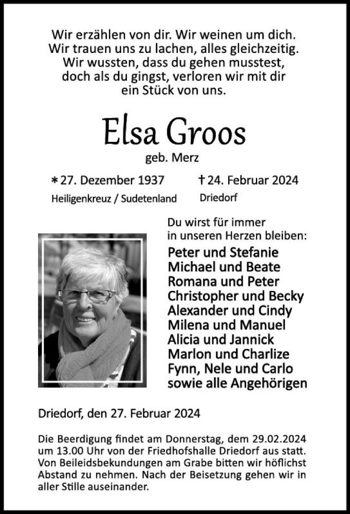  Traueranzeige für Elsa Groos vom 27.02.2024 aus Dill Block