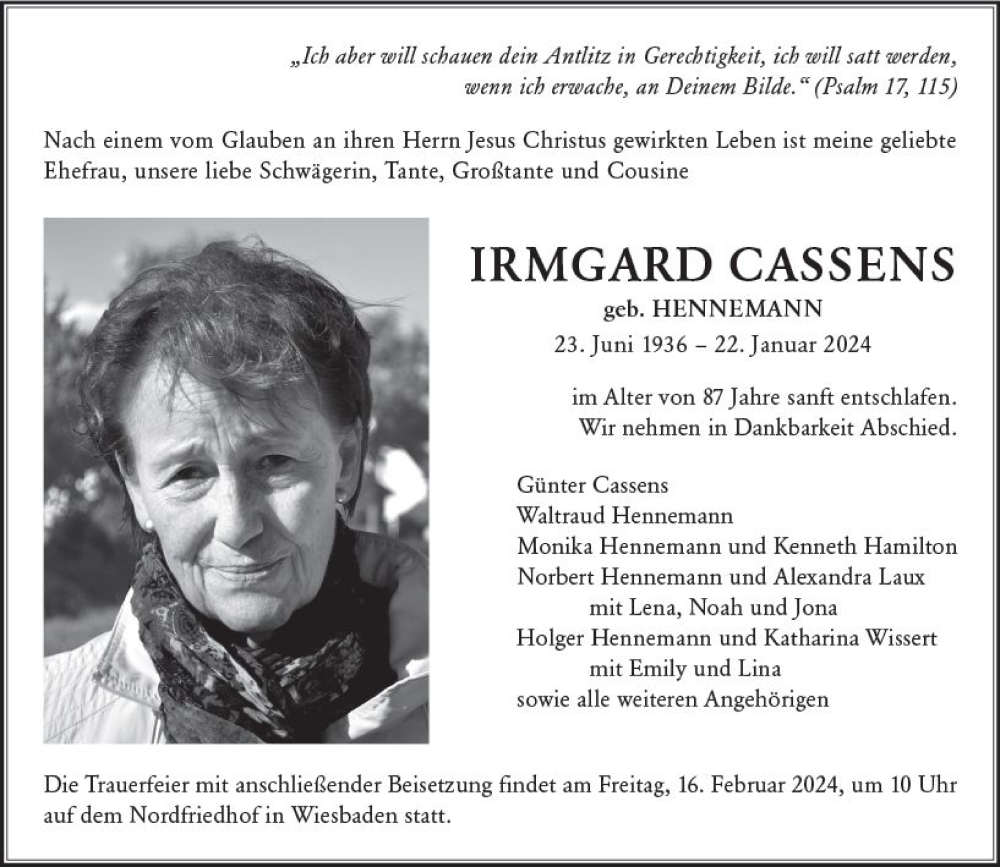 Traueranzeigen von Irmgard Cassens | www.vrm-trauer.de