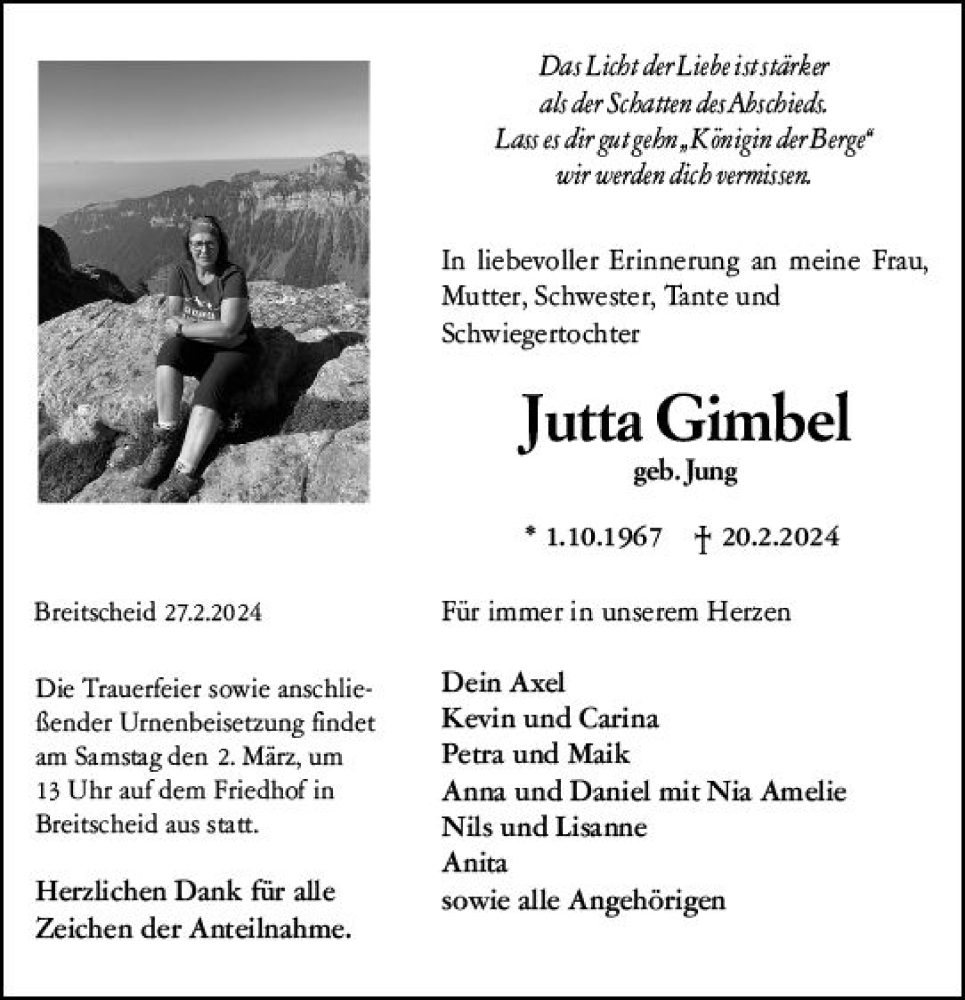  Traueranzeige für Jutta Gimbel vom 27.02.2024 aus Dill Block