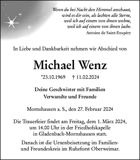 Traueranzeigen von Michael Wenz | www.vrm-trauer.de