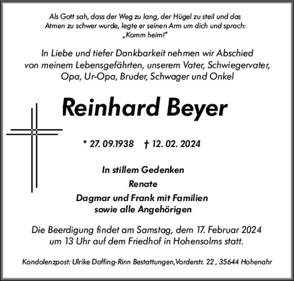  Traueranzeige für Reinhard Beyer vom 16.02.2024 aus Wetzlarer Neue Zeitung