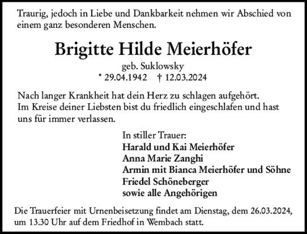  Traueranzeige für Brigitte Hilde Meierhöfer vom 23.03.2024 aus Darmstädter Echo