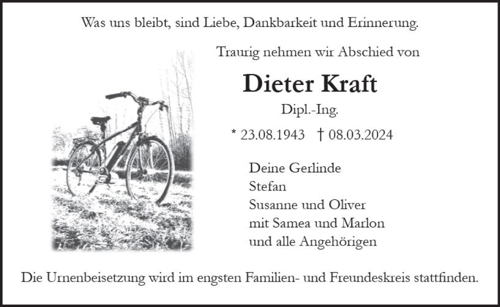 Traueranzeige für Dieter Kraft vom 23.03.2024 aus Darmstädter Echo