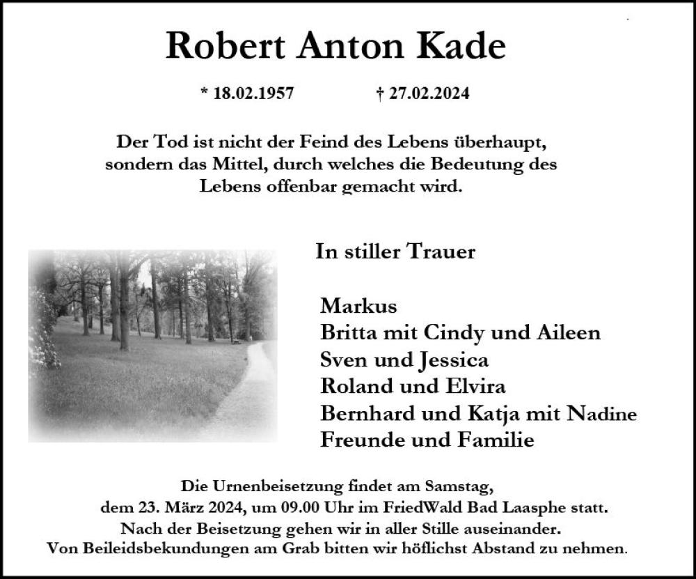  Traueranzeige für Robert Anton Kade vom 16.03.2024 aus Hinterländer Anzeiger