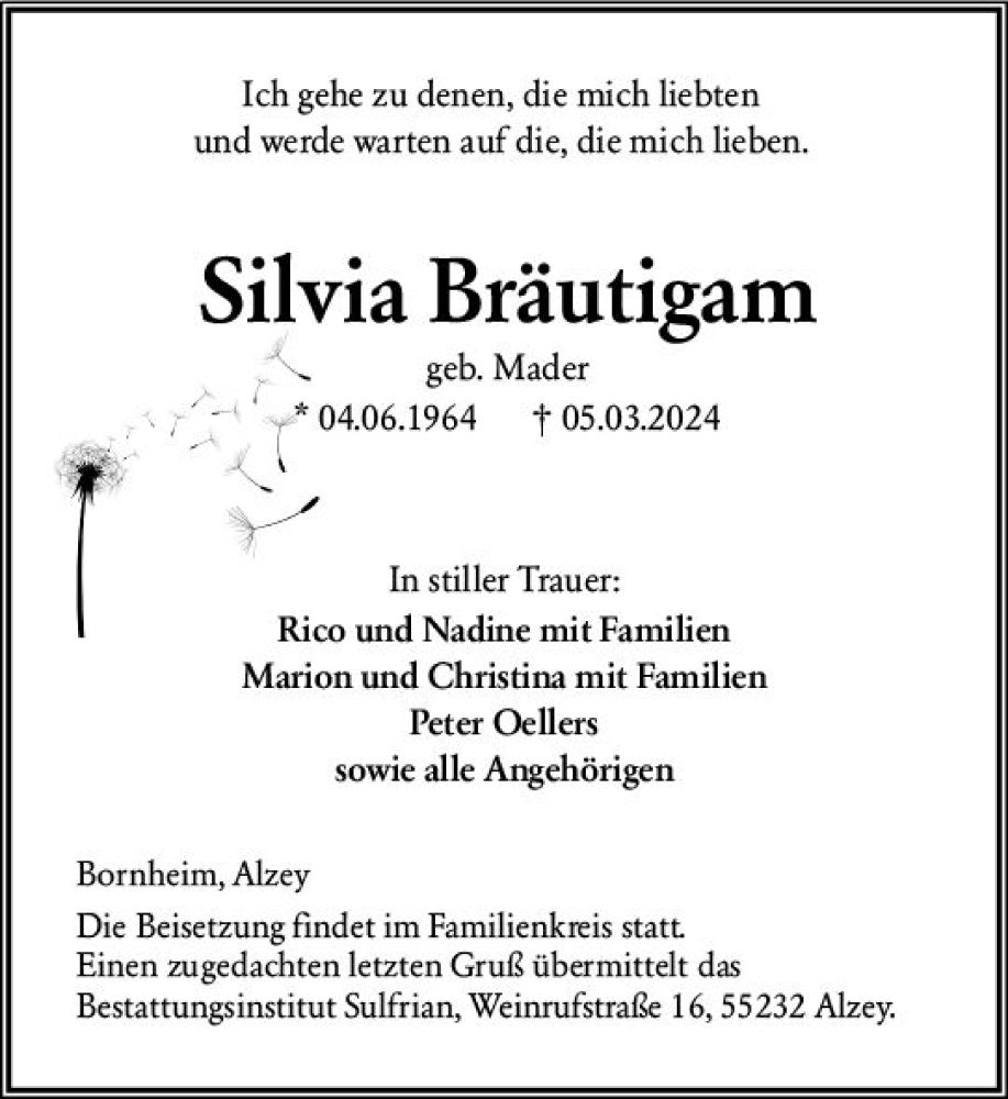  Traueranzeige für Silvia Bräutigam vom 09.03.2024 aus Allgemeine Zeitung Alzey