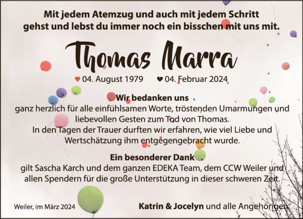  Traueranzeige für Thomas Marra vom 02.03.2024 aus Allgemeine Zeitung Bingen/Ingelheim