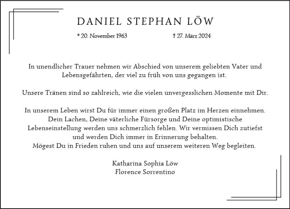  Traueranzeige für Daniel Stephan Löw vom 06.04.2024 aus Allgemeine Zeitung Mainz