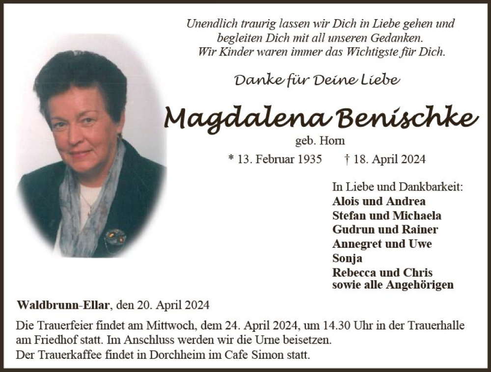  Traueranzeige für Magdalena Benischke vom 20.04.2024 aus Nassauische Neue Presse