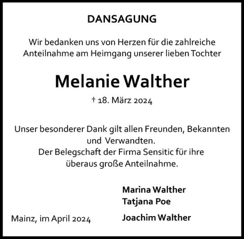  Traueranzeige für Melanie Walther vom 20.04.2024 aus Allgemeine Zeitung Mainz