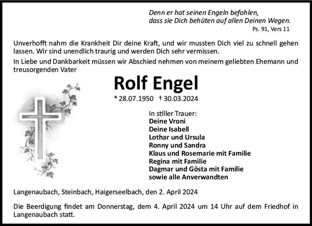 Traueranzeige für Rolf Engel vom 02.04.2024 aus Dill Block