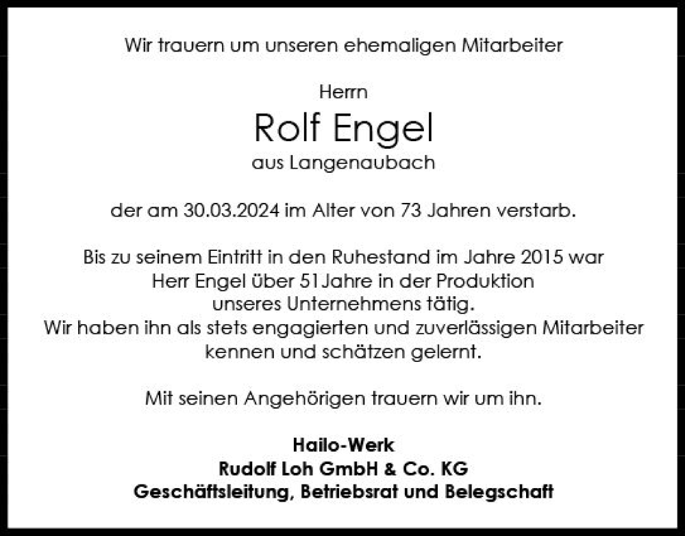  Traueranzeige für Rolf Engel vom 03.04.2024 aus Dill Block