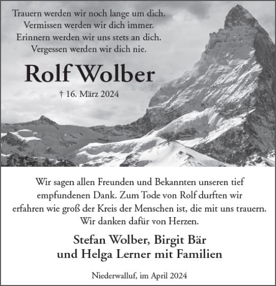 Traueranzeige von Rolf Wolber von Wiesbadener Kurier