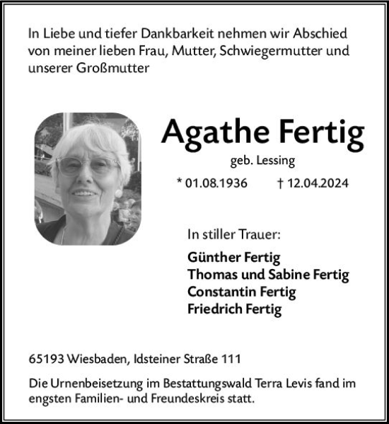 Traueranzeige von Agathe Fertig von Wiesbadener Kurier