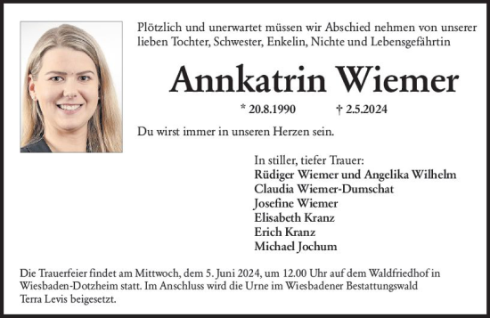 Traueranzeige von Annkatrin Wiemer von Wiesbadener Kurier