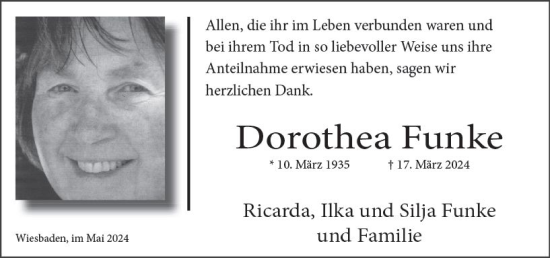 Traueranzeige von Dorothea Funke von Wiesbadener Kurier