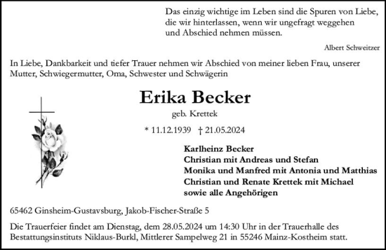 Traueranzeige von Erika Becker von Allgemeine Zeitung Mainz