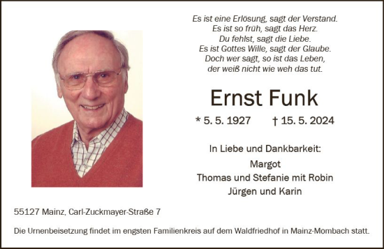 Traueranzeige von Ernst Funk von Allgemeine Zeitung Mainz