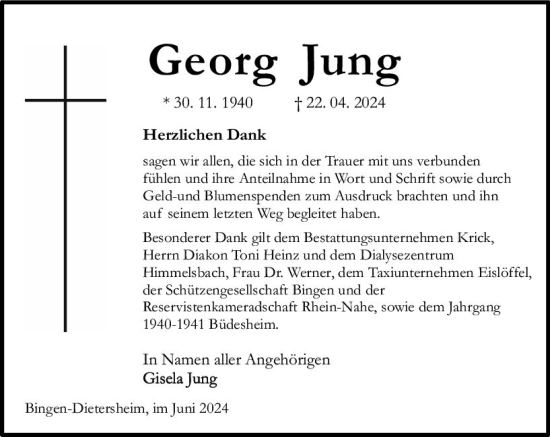 Traueranzeige von Georg Jung von Allgemeine Zeitung Bingen/Ingelheim