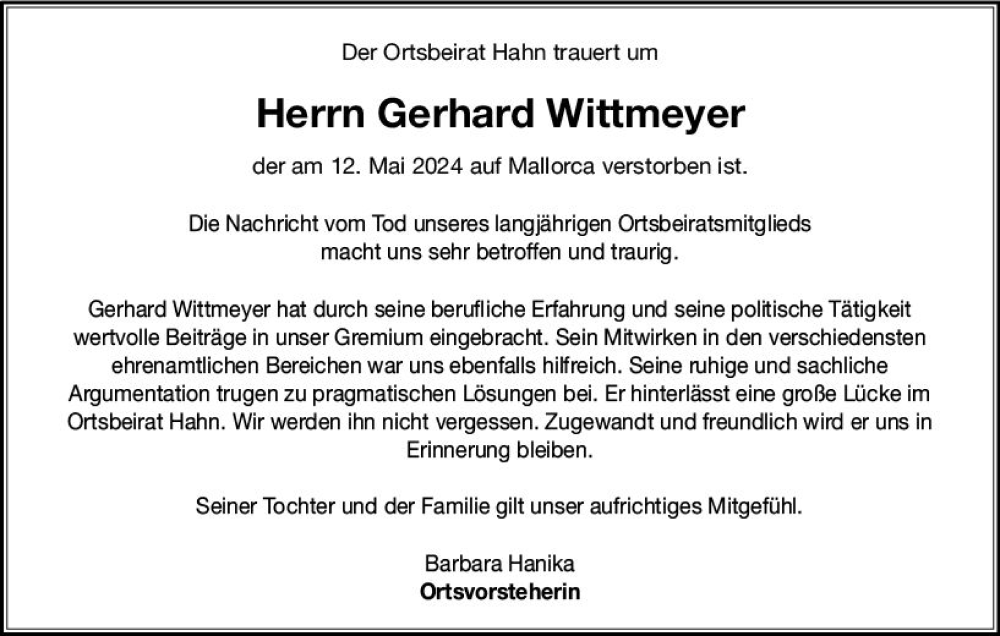  Traueranzeige für Gerhard Wittmeyer vom 18.05.2024 aus Idsteiner Land/Untertaunus