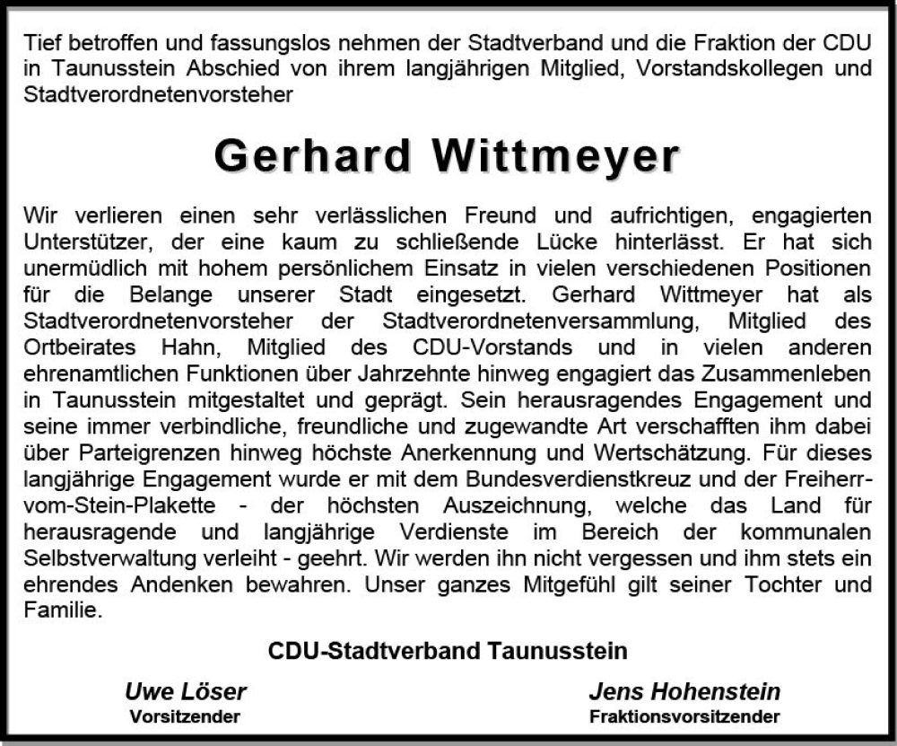  Traueranzeige für Gerhard Wittmeyer vom 18.05.2024 aus Idsteiner Land/Untertaunus