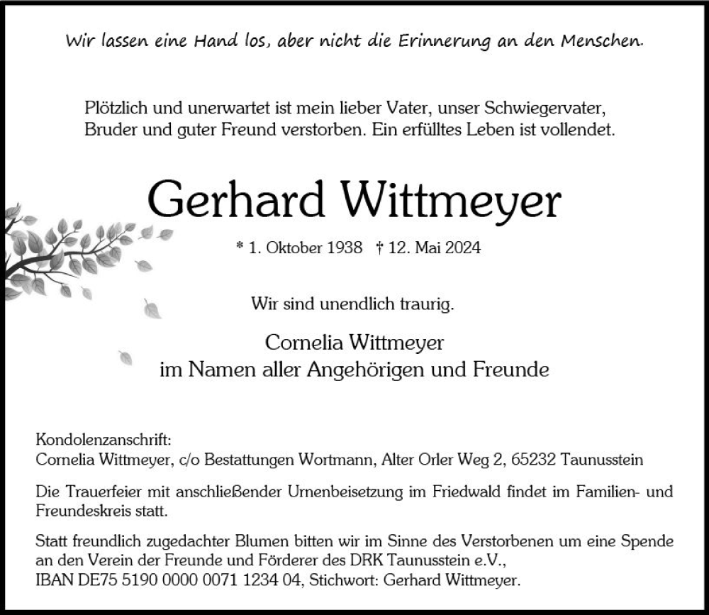  Traueranzeige für Gerhard Wittmeyer vom 18.05.2024 aus Wiesbadener Kurier