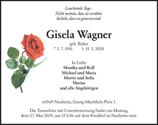 Traueranzeige von Gisela Wagner von Groß-Gerauer Echo