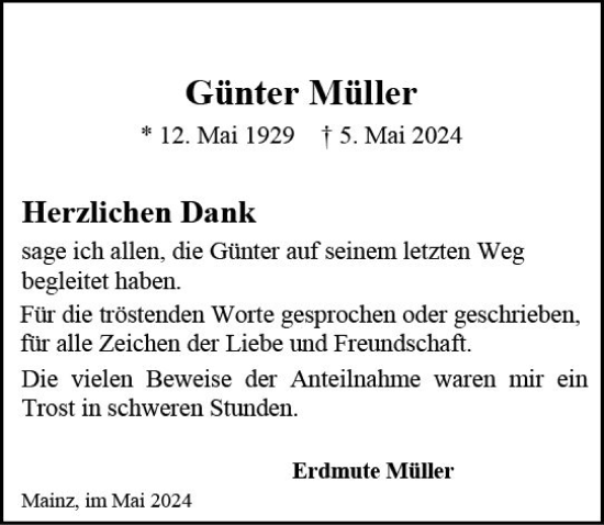 Traueranzeige von Günter Müller von Allgemeine Zeitung Mainz