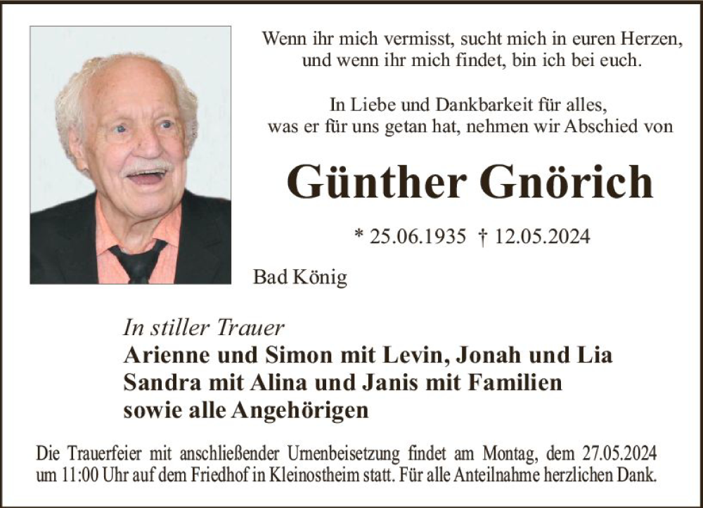  Traueranzeige für Günther Gnörich vom 23.05.2024 aus Odenwälder Echo