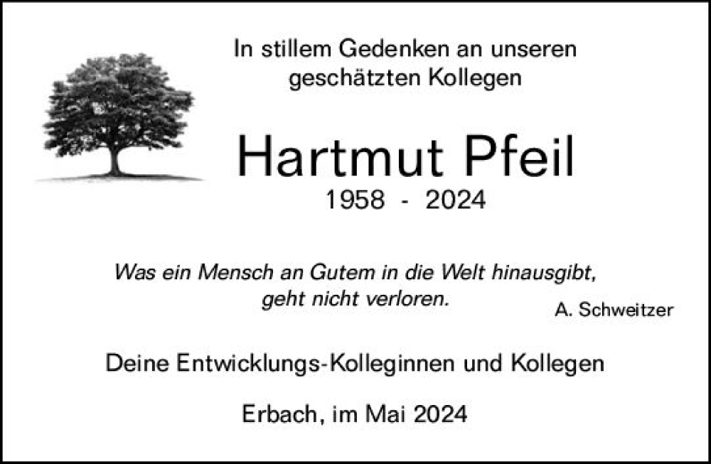  Traueranzeige für Hartmut Pfeil vom 18.05.2024 aus Odenwälder Echo