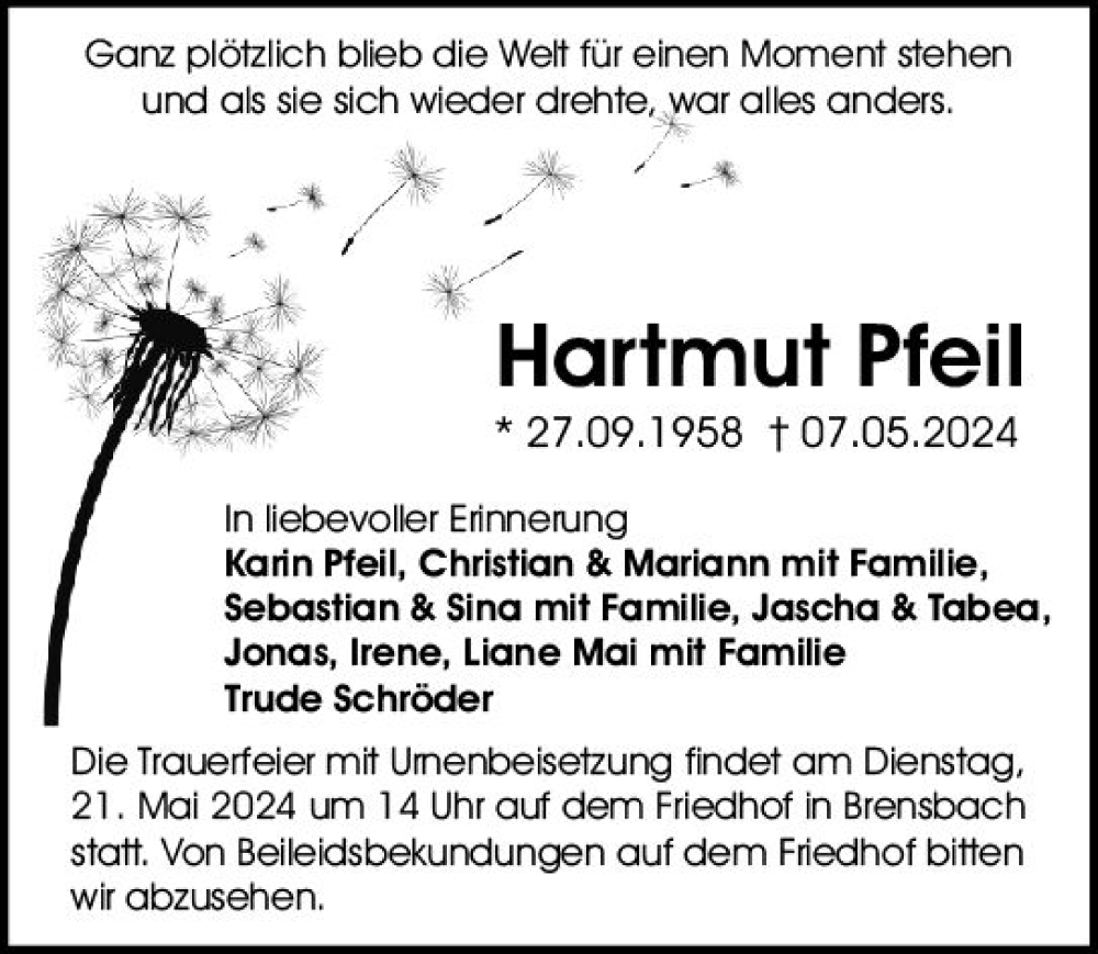  Traueranzeige für Hartmut Pfeil vom 18.05.2024 aus Odenwälder Echo