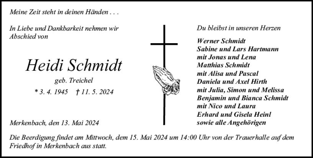  Traueranzeige für Heidi Schmidt vom 13.05.2024 aus Dill Block