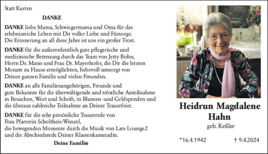 Traueranzeige von Heidrun Magdalene Hahn von Allgemeine Zeitung Bad Kreuznach