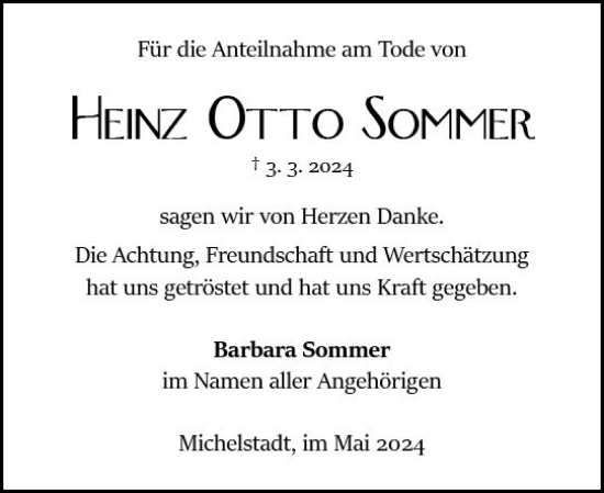 Traueranzeige von Heinz Otto Sommer von Odenwälder Echo