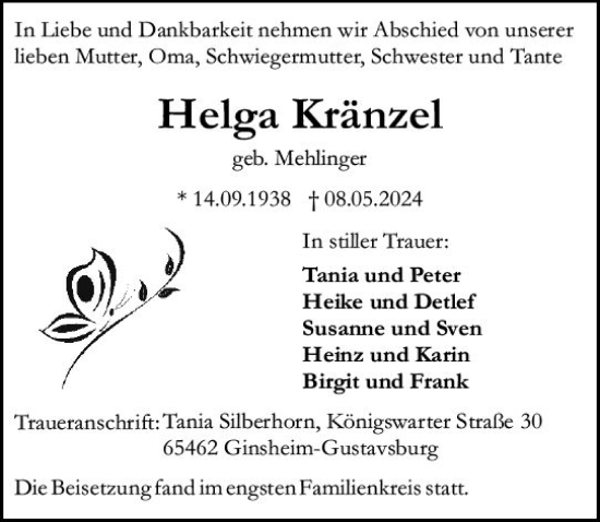 Traueranzeige von Helga Kränzel von Allgemeine Zeitung Mainz