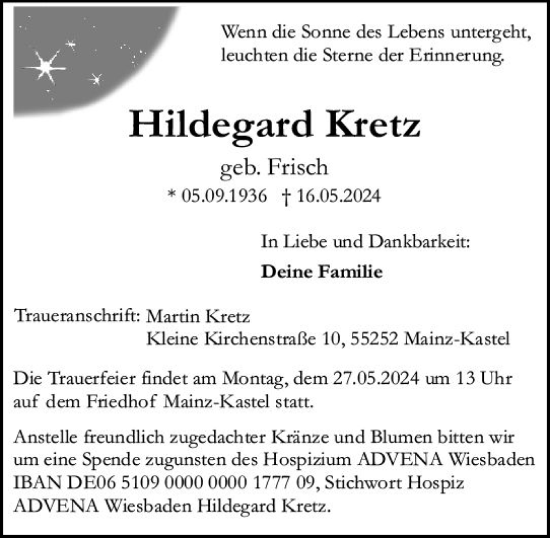 Traueranzeige von Hildegard Kretz von Allgemeine Zeitung Mainz