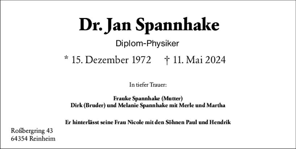  Traueranzeige für Jan Spannhake vom 14.05.2024 aus Darmstädter Echo