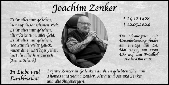 Traueranzeige von Joachim Zenker von Wiesbadener Kurier