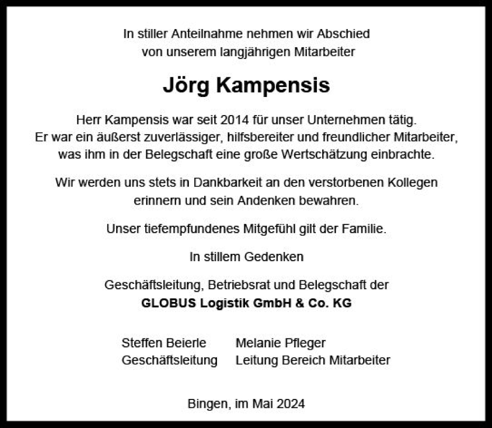  Traueranzeige für Jörg Kampensis vom 27.05.2024 aus Allgemeine Zeitung Bingen/Ingelheim