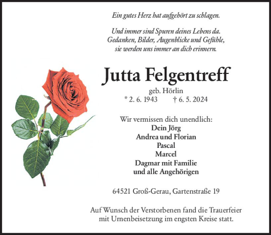 Traueranzeige von Jutta Felgentreff von Groß-Gerauer Echo