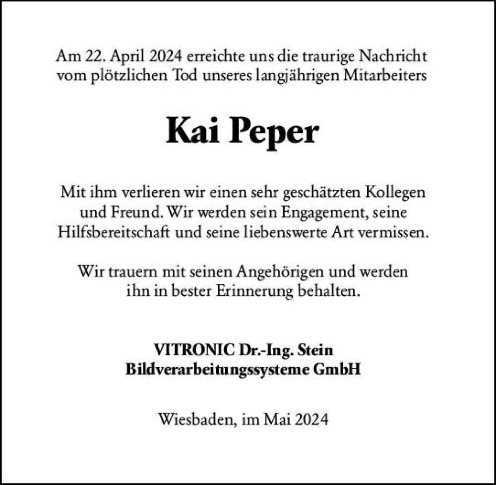  Traueranzeige für Kai Peper vom 11.05.2024 aus Wiesbadener Kurier