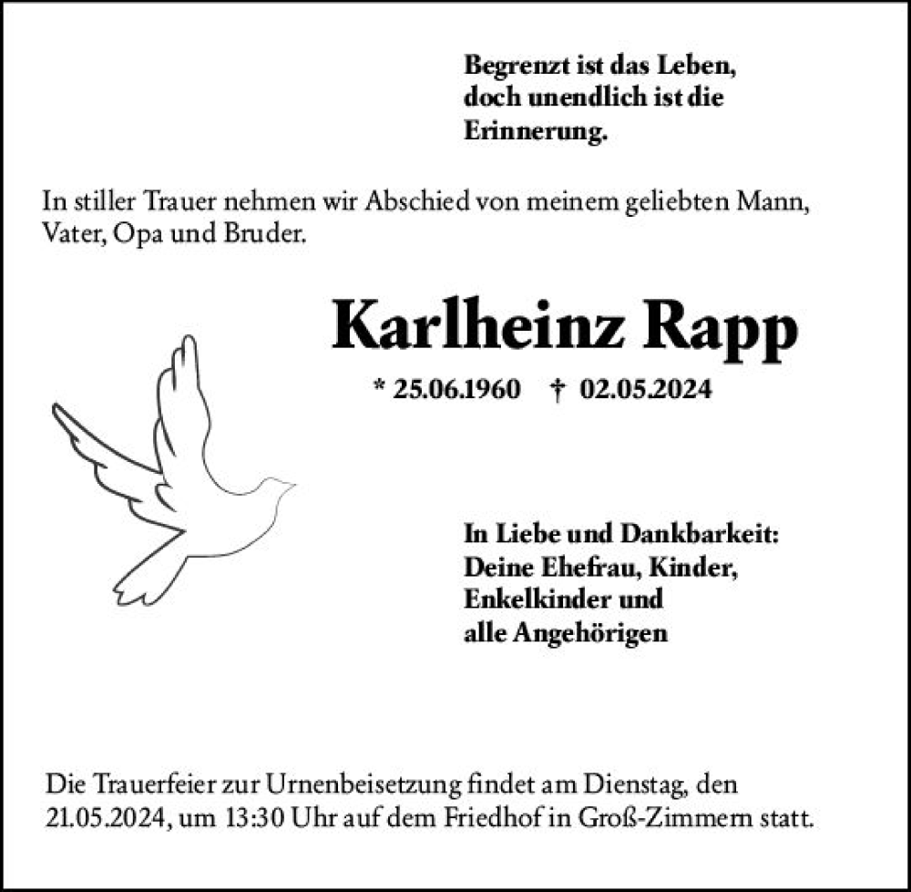  Traueranzeige für Karlheinz Rapp vom 18.05.2024 aus Dieburger Anzeiger/Groß-Zimmerner Lokal-Anzeiger