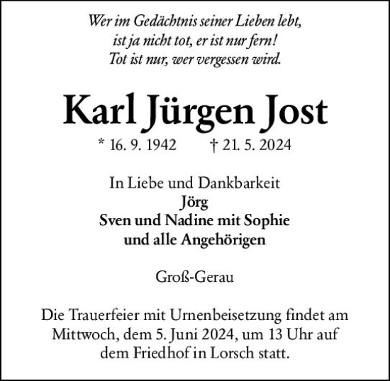 Traueranzeige von Karl Jürgen Jost von Groß-Gerauer Echo