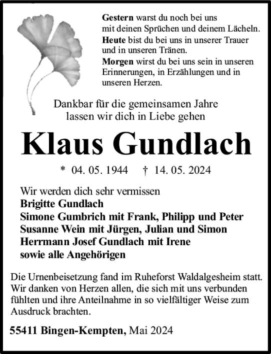 Traueranzeige von Klaus Gundlach von Allgemeine Zeitung Bingen/Ingelheim