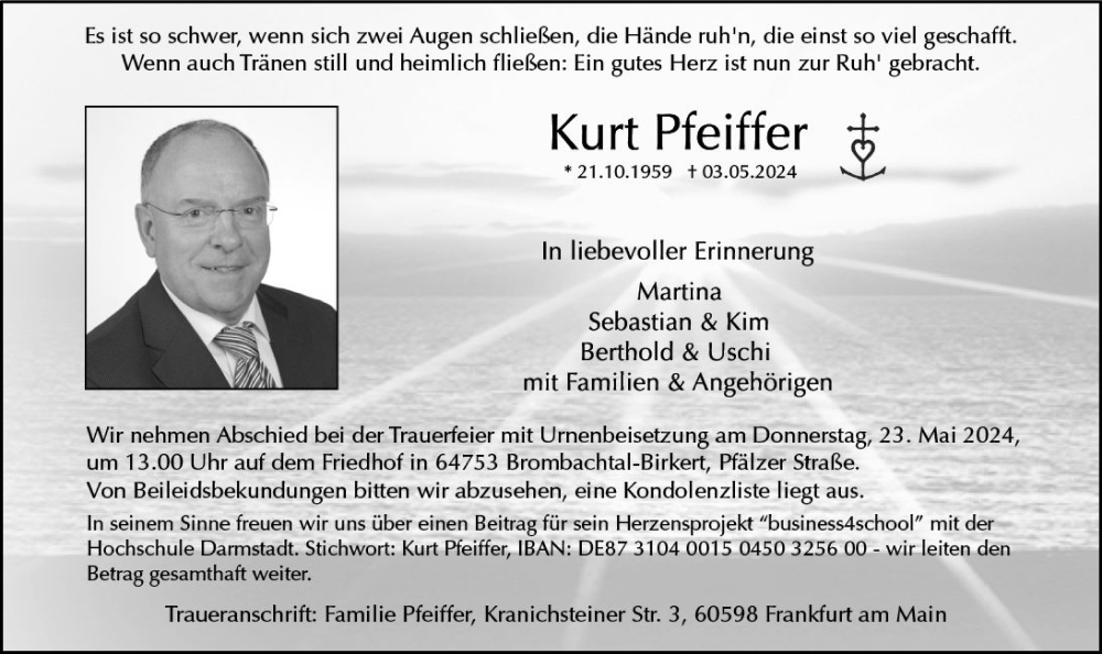  Traueranzeige für Kurt Pfeiffer vom 18.05.2024 aus Odenwälder Echo