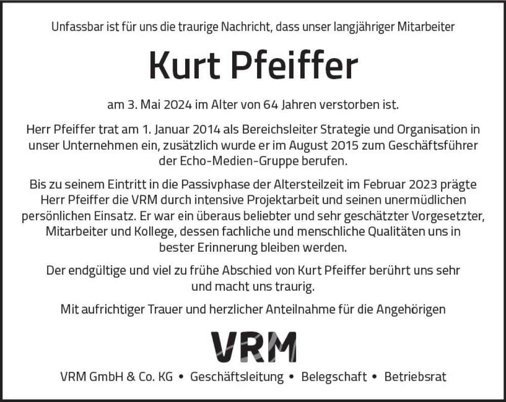  Traueranzeige für Kurt Pfeiffer vom 18.05.2024 aus Weilburger Tageblatt