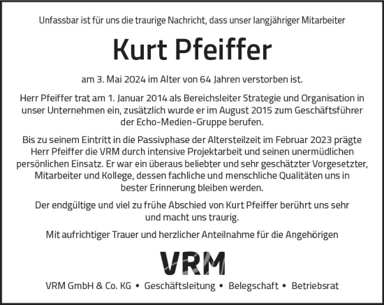 Traueranzeige von Kurt Pfeiffer von Weilburger Tageblatt